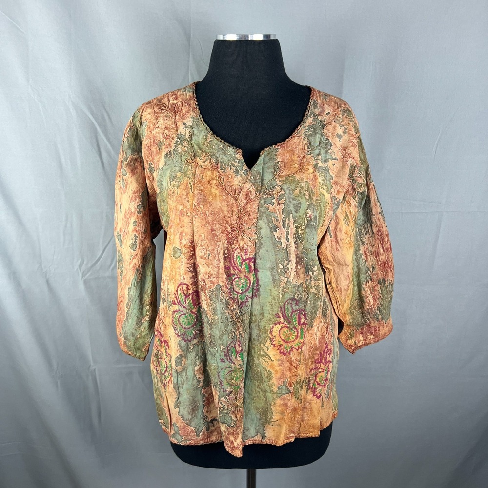 Belma Tunic Top Womens OS Multicolor Tie Dye Split Neck Side Slit Long Sleeve